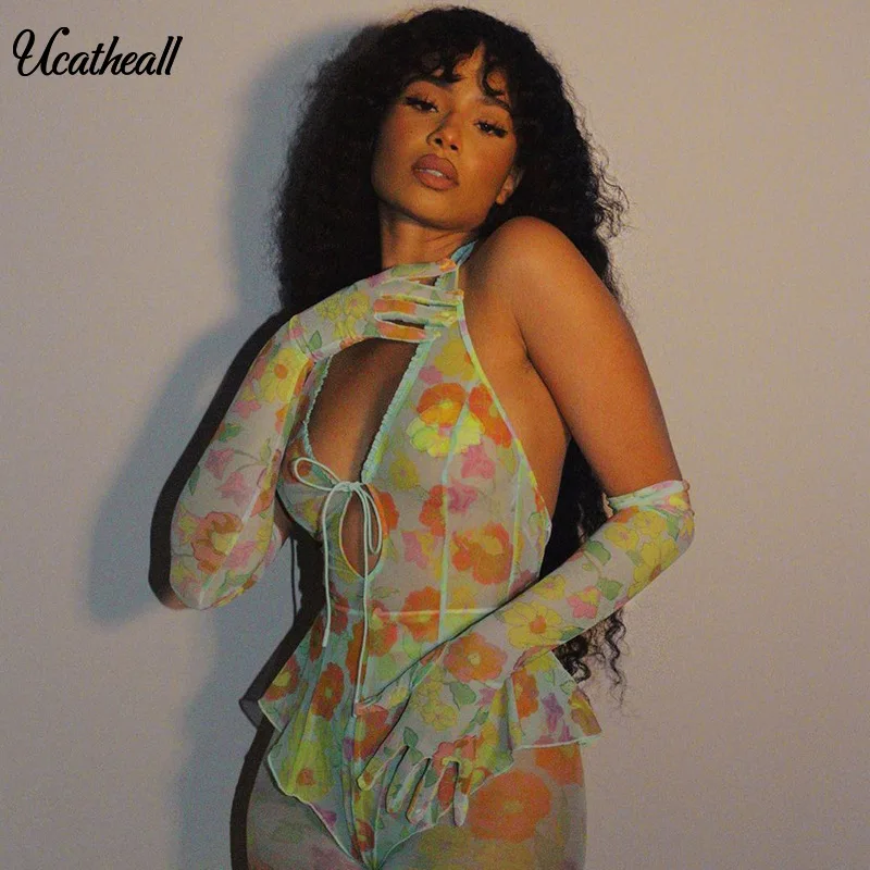 

Mesh See Through Bodysuits Women Sexy Deep V Neck Floral Printed See Through Body Sleeveless Summer Mesh Bodysuit