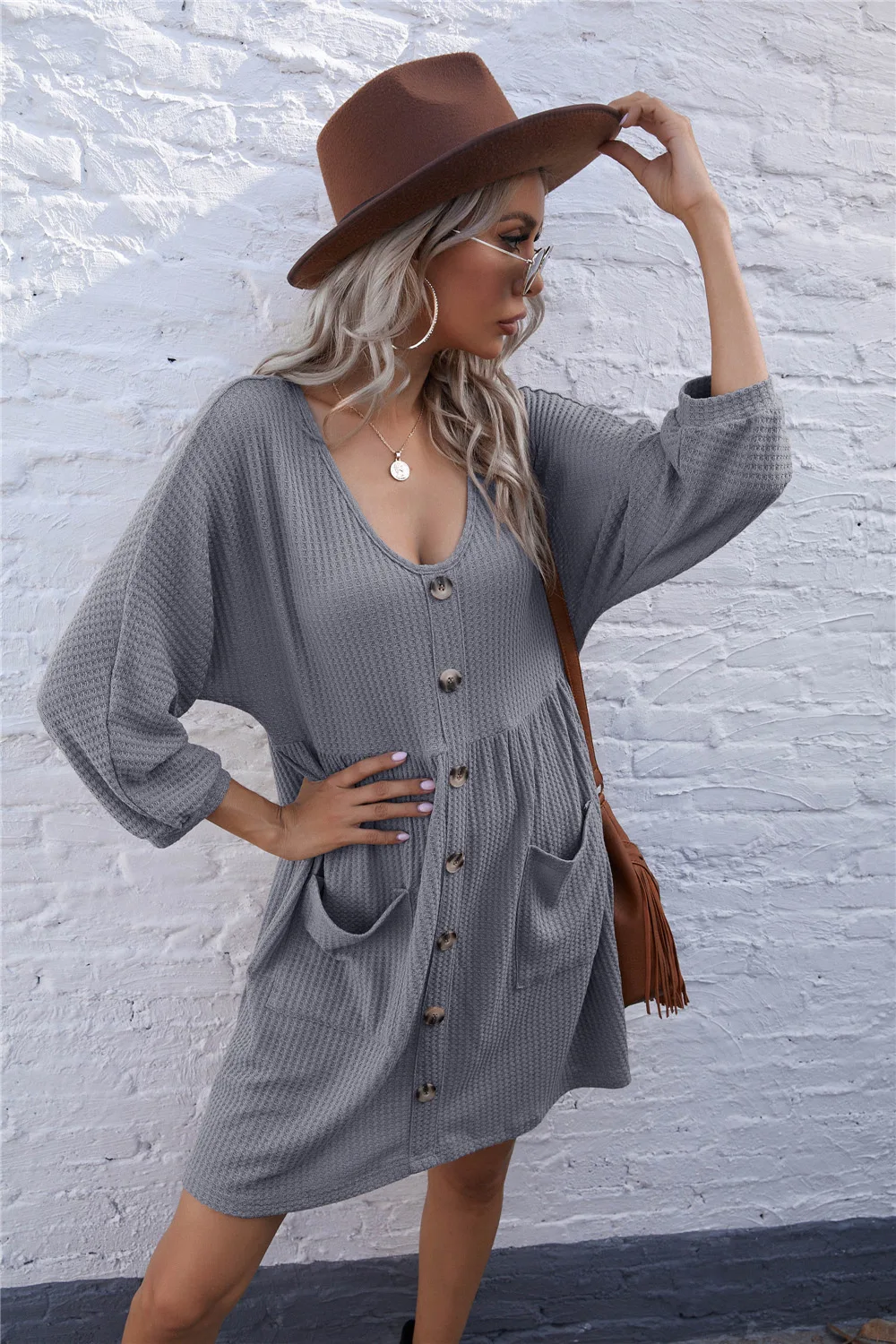

Pocket Button Dress Fall Winter Midi Knitted Pure Color Sexy V-Neck Dresses Ladies Casual Loose Robes Femme Vestidos De Mujer