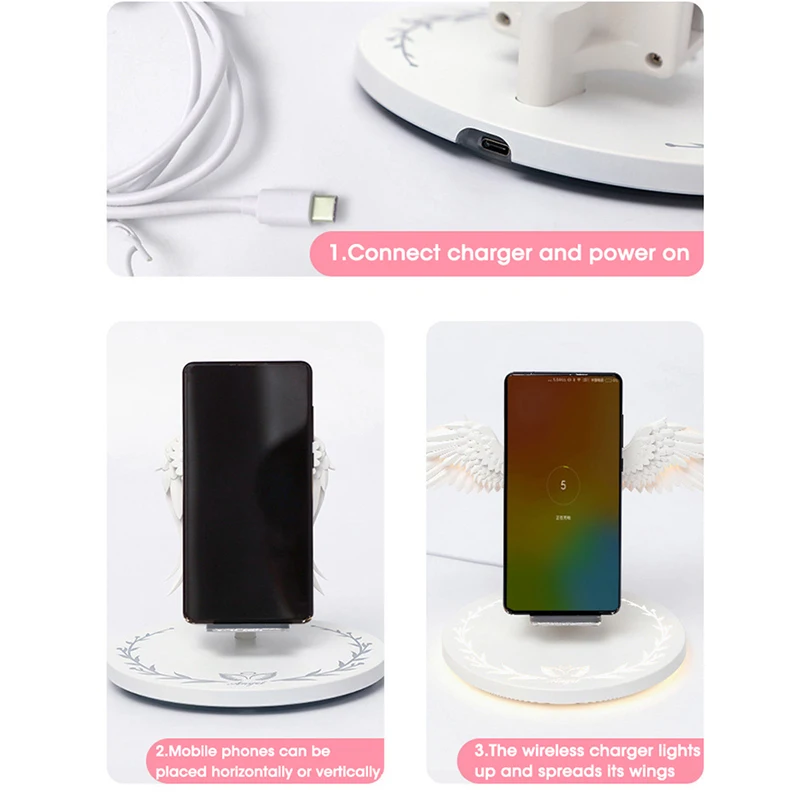 10 Вт Draadloze Oplader Engelenvleugels Nachtlampje Mobiele Telefoon Draadloze Oplader для Android, Apple USB Snel Opladen
