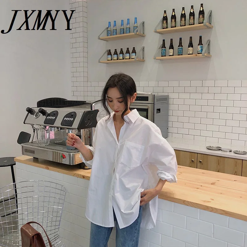

JXMYY 2021 Spring Autumn Women Shirts White Plain Loose Oversized Blouses Female Tops Loose BF Korean Style Blusas Pockets