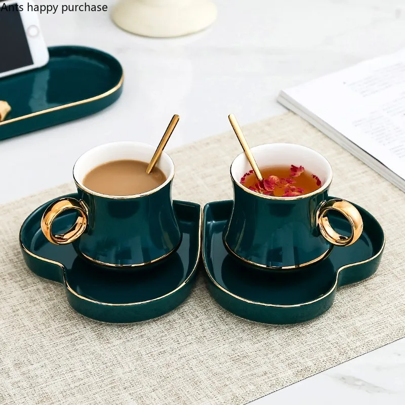 

European Style Green Coffee Cup Set Combination Couple Drinking Glasses with Spoon with Saucer Household Mug Afternoon Tea Cup