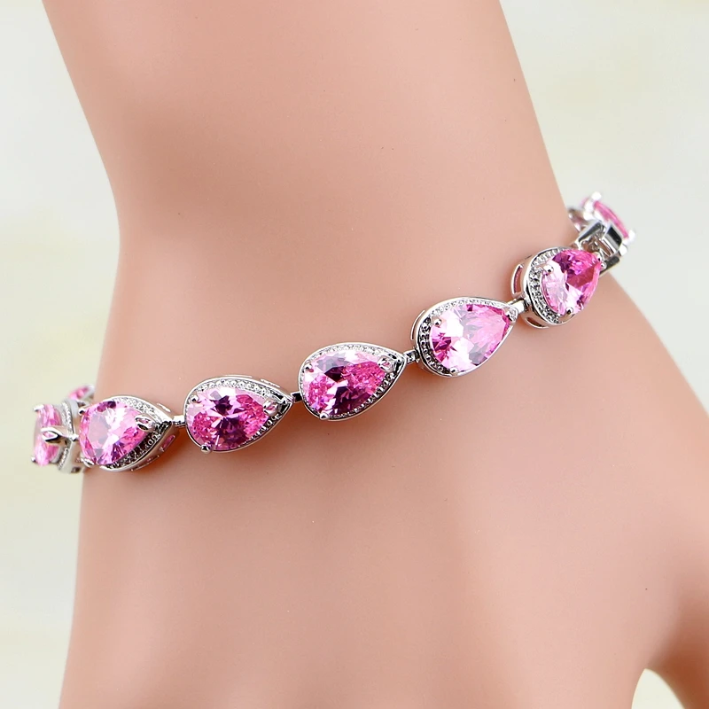 

2016 High Quality Water Drop Mytic Pink CZ 925 Sterling Silver Jewelry Charm Bracelets For Women Free Gift Box S029