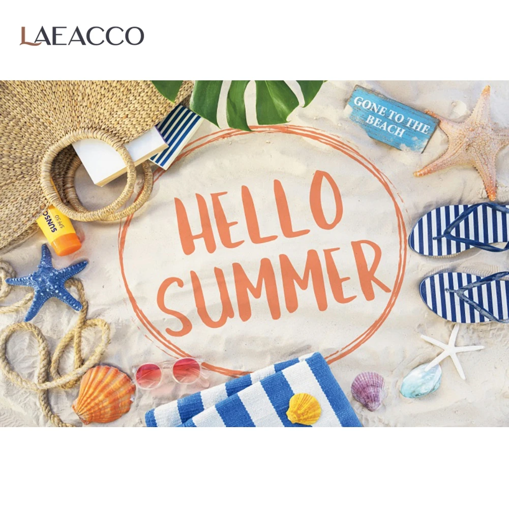 

Laeacco Hello Summer Photography Backdrop Sandy Beach Starfish Shell Professional Child Holiday Trip Background For Photo Studio