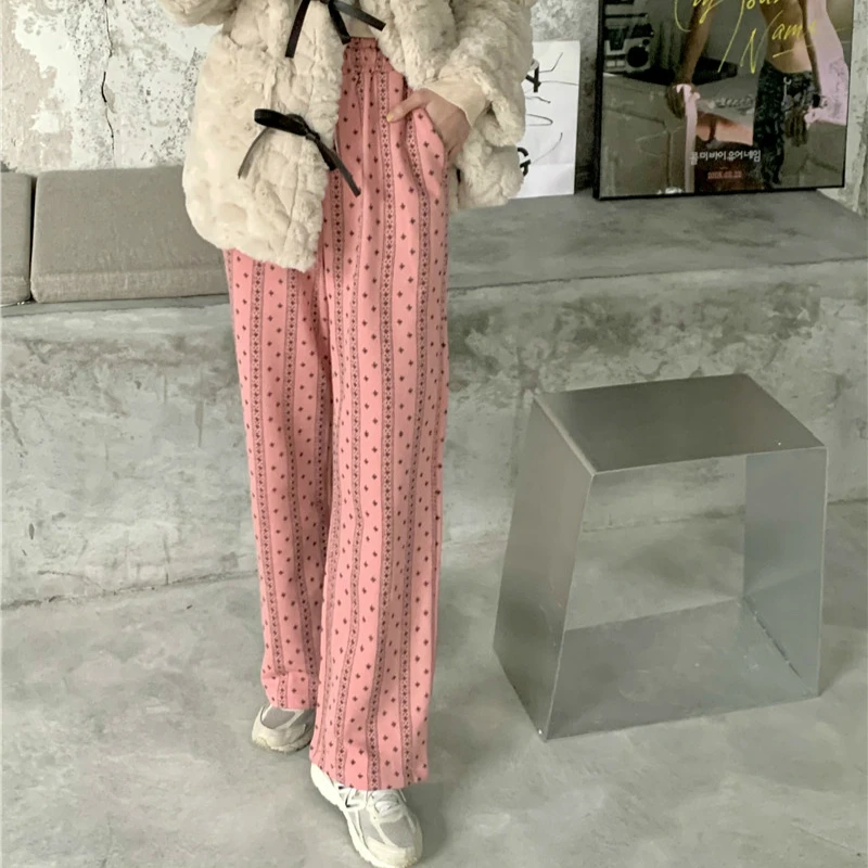 

2021 Women Spring Pink Loose Long Wide Leg Pants Elastic High Waist Print Midi Trousers
