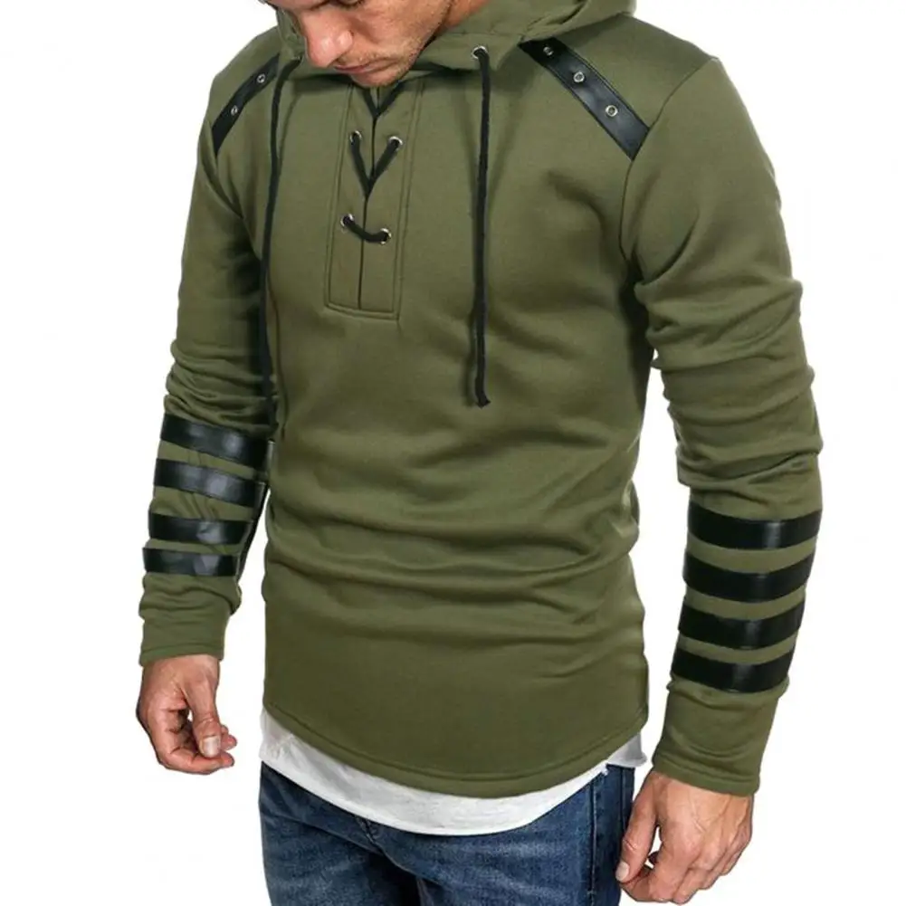 

Men Shirt Faux Leather Drawstring Hooded Lace Up Autumn Hoodie for Daily Wear