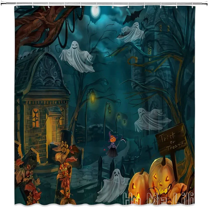 

Halloween Shower Curtain By Ho Me Lili Horror Forest Castle Ghost Pumpkin Head Witch Full Moon Dead Tree For Bathroom With Hooks