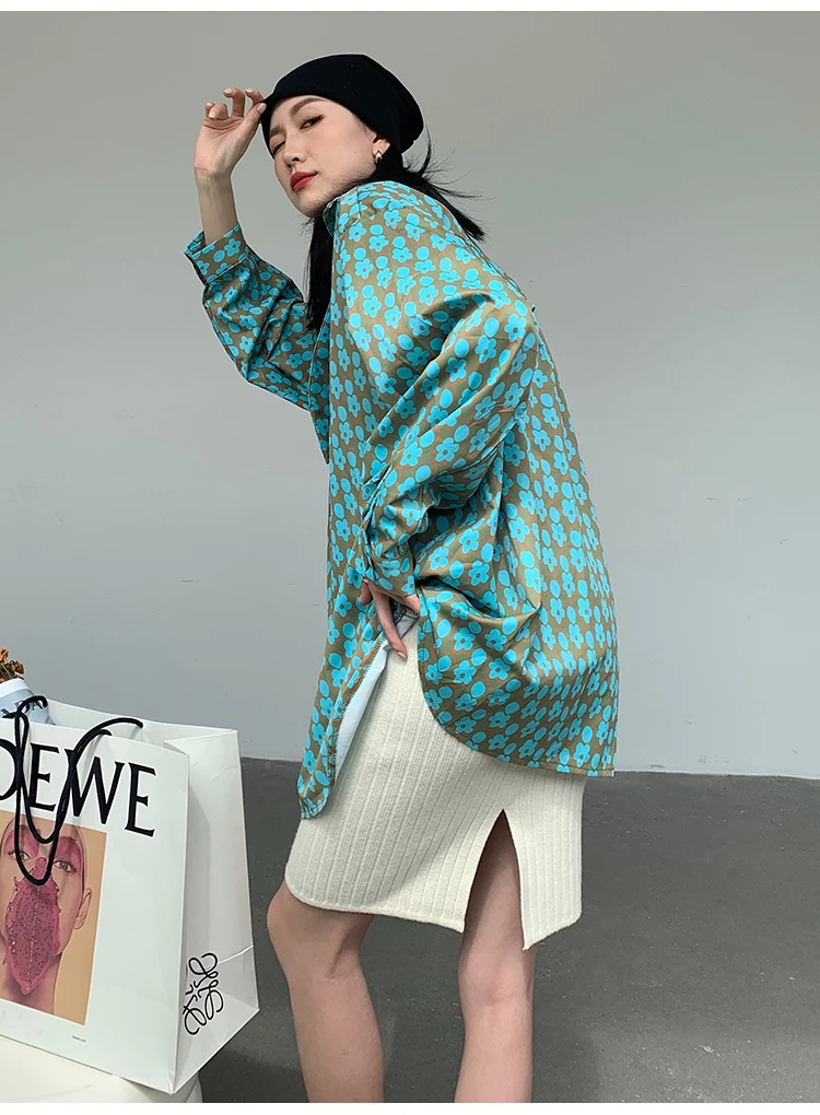 

shirt oversize Retro printed New Lapel Long Sleeve Loose Fit Fashion Tide Spring Autumn 2020 E229-E