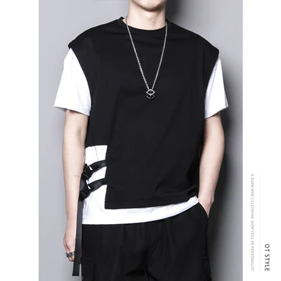 

Summer irregular asymmetric design ribbon off the shoulder black and white splice short-sleeved t-shirt tee fashion brand men