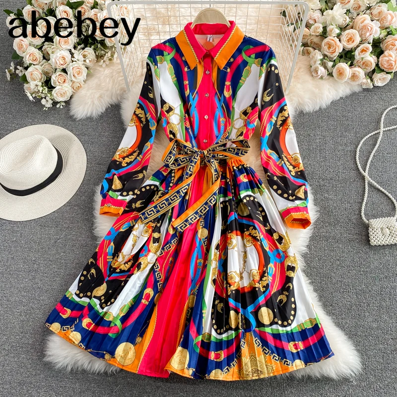 

2021 New Spring Elegant temperament turn-down collar long sleeve Dress waist slim positioning flower Pleated Dress