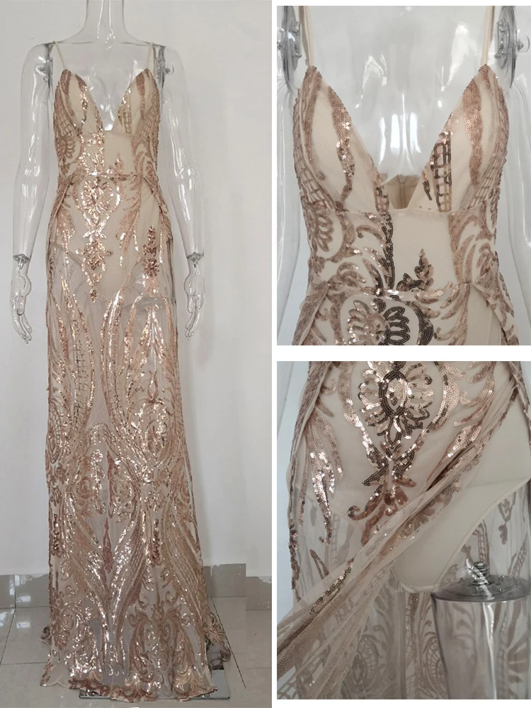 Женское вечернее платье с высокой талией сексуальное блестками и глубоким V