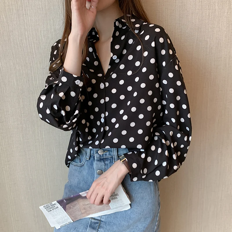 С длинным рукавом с принтом и узором в горошек рубашка блузка Для женщин s Топы