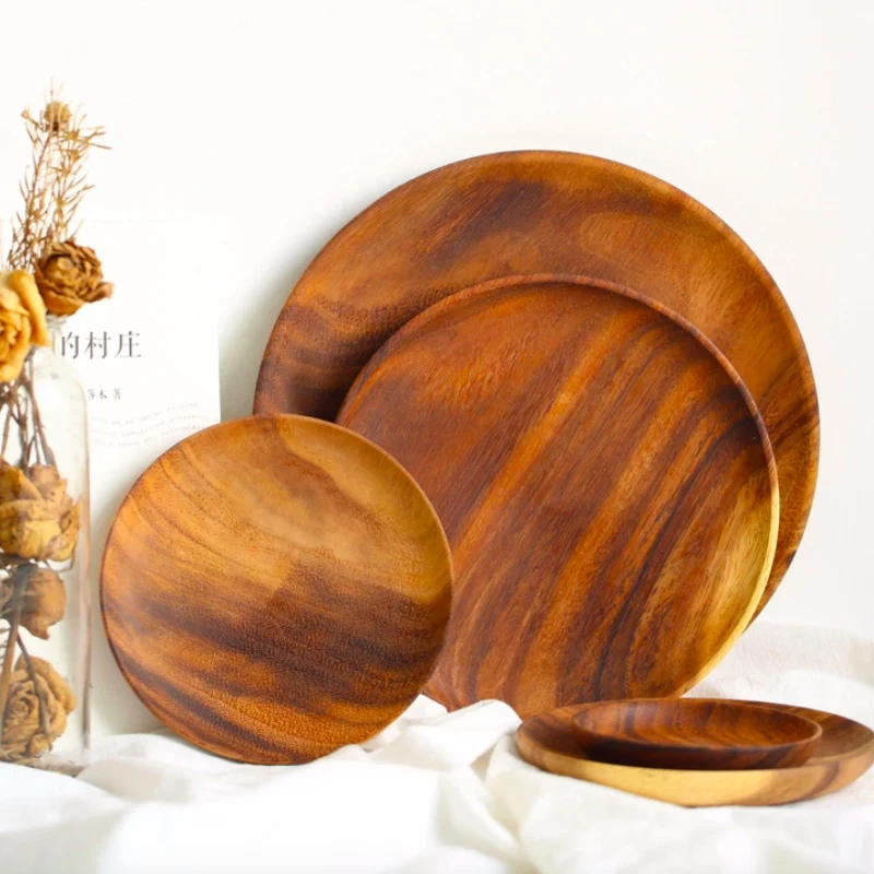 Круглая тарелка из цельного дерева фруктовые блюда деревянная чайный поднос