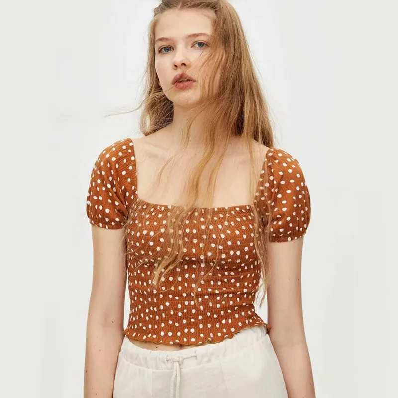 

Spring Summer Polka Dot Printed Square Neck Puff Sleeve T-Shirt Women Ruffled Stretch Slimming Short-Sleeved Shirt