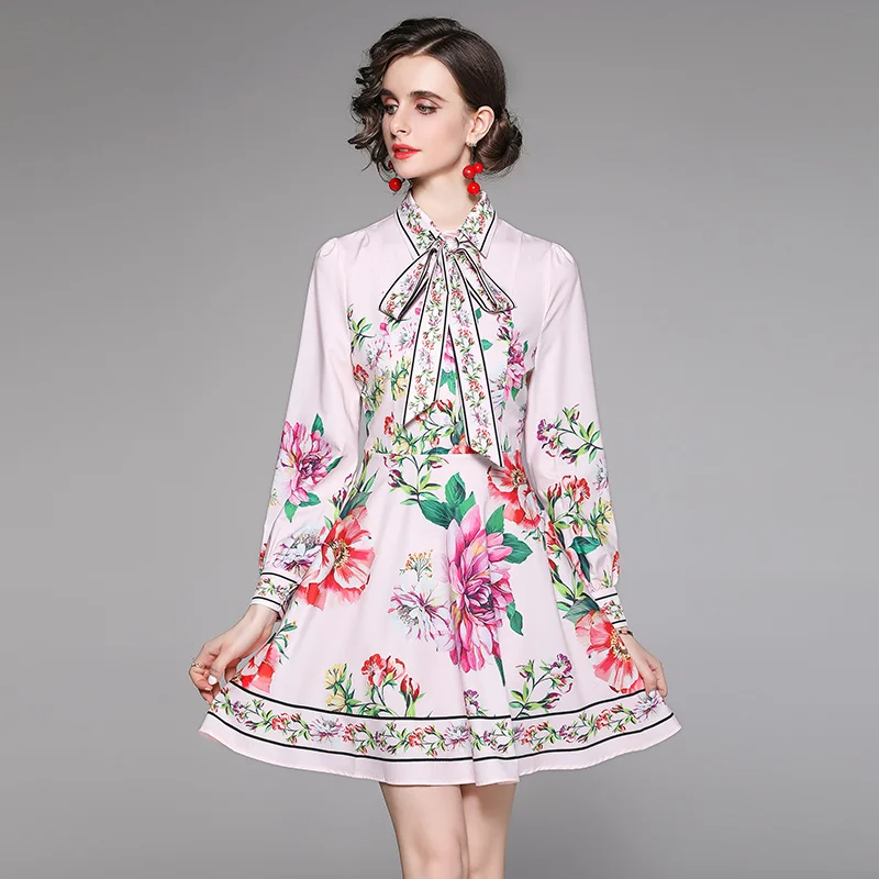 

Merchall 2021 Fashion Runway Elegant Chiffon Bow Waist Mini Dress Woman FLower Print Long Sleeve Turn Down Collar Vestido M68985