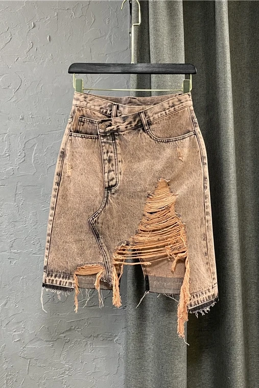 

2021 Summer New High Waist Mid-Length Denim Skirt Women Orange Pink Ripped Tassel Skirt Female Fashion Hole Washed Jean Skirts