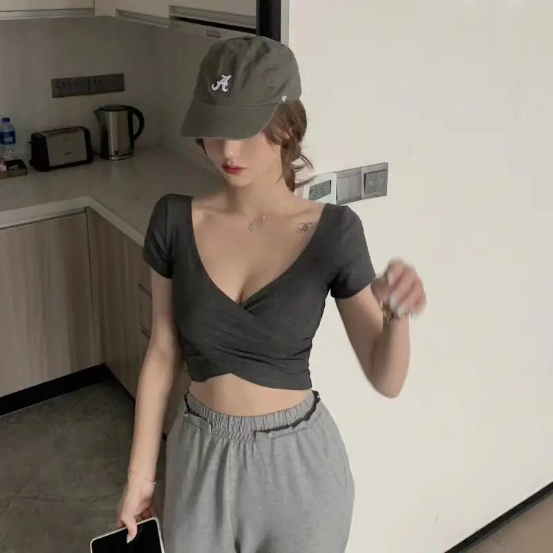 

Summer Front And Back Wear T-Shirt Women Crop Tops Sexy Jogger Girls Backless V-Neck Short-Sleeved T-Shirt Female Tees Y2k