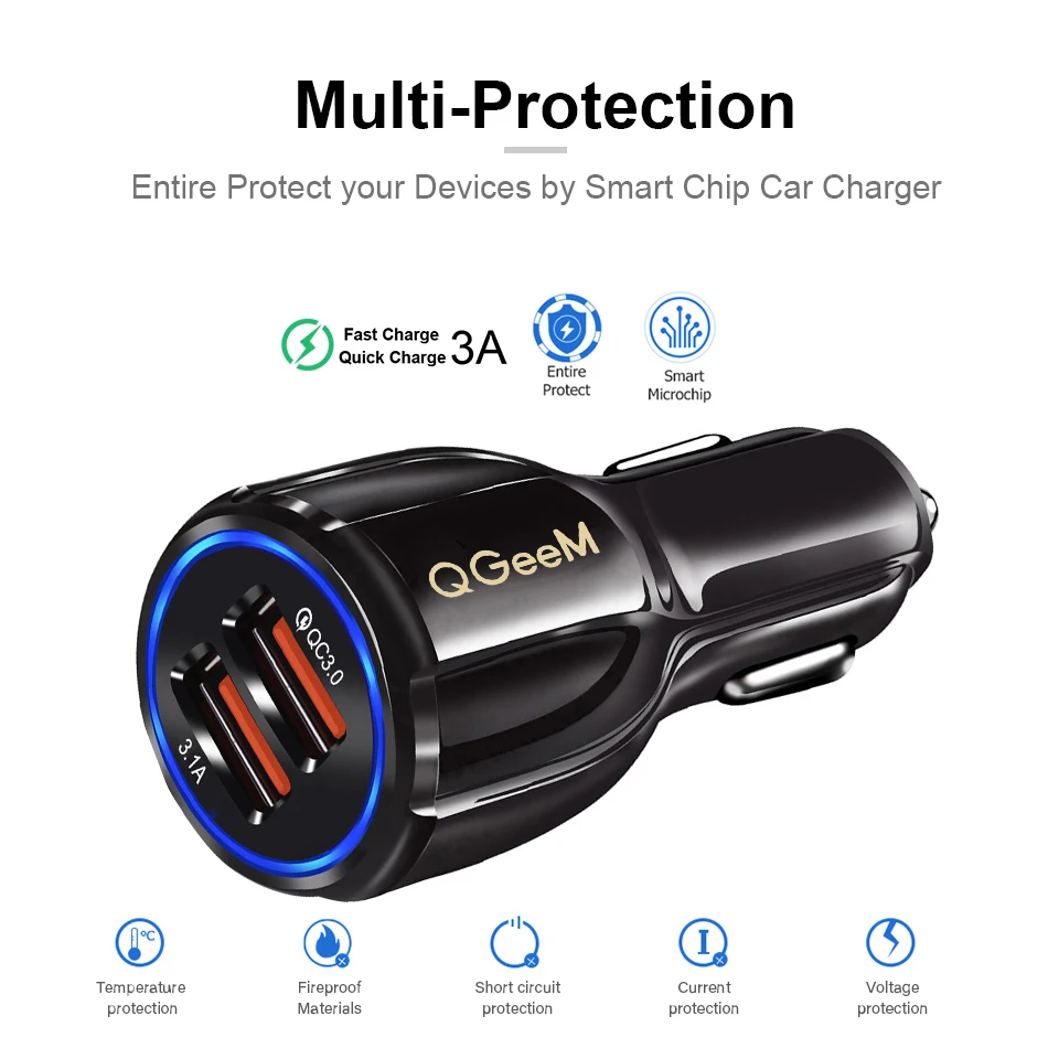 Автомобильное зарядное устройство QGEEM Dual USB QC 3,0, быстрая зарядка 3,0, автомобильное зарядное устройство, 2 порта, USB портативное зарядное устройство для iPhone Xiaomi