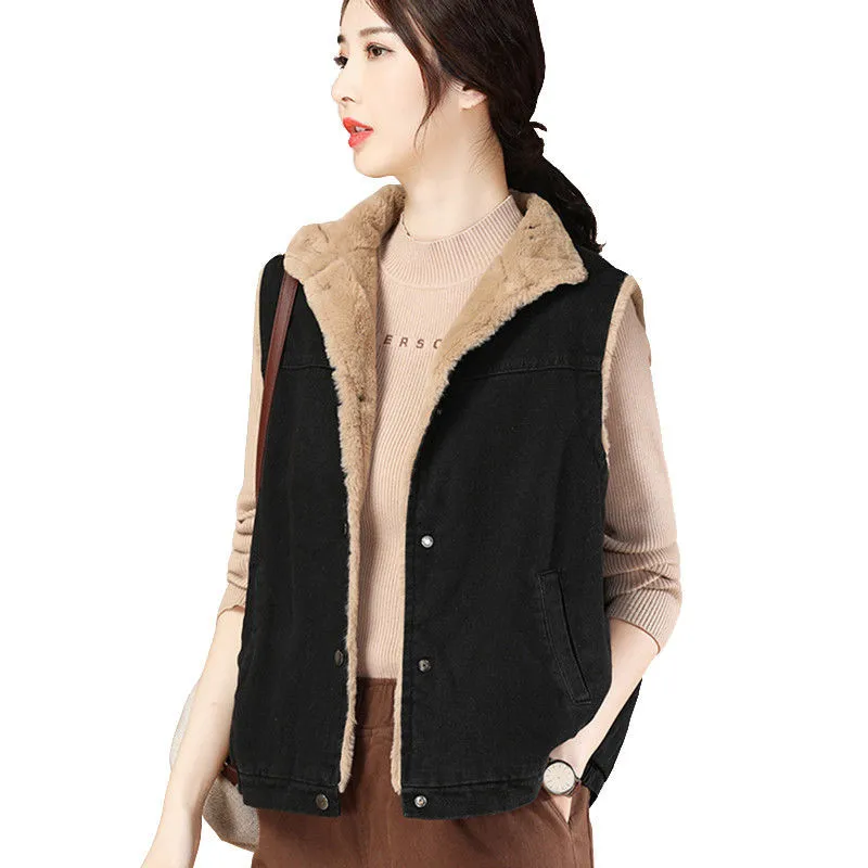 

Autumn Winter New Denim Vest Jacket Women Thick Warm Cowboy Sleeveless Coat Denim Waistcoat Outcoat Female Overwear