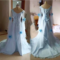 Real Photos Light Sky Blue Formal Evening Dresses For Women Full Flare Sleeves Lace-up Plus Size Flowers Prom Dress Long Train