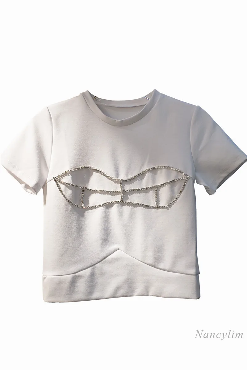 

Short Sleeve T Shirt Women 2021 New Three-Dimensional Rhinestone High Waist Stretch Slim-Fit Crop Top White Black Tees