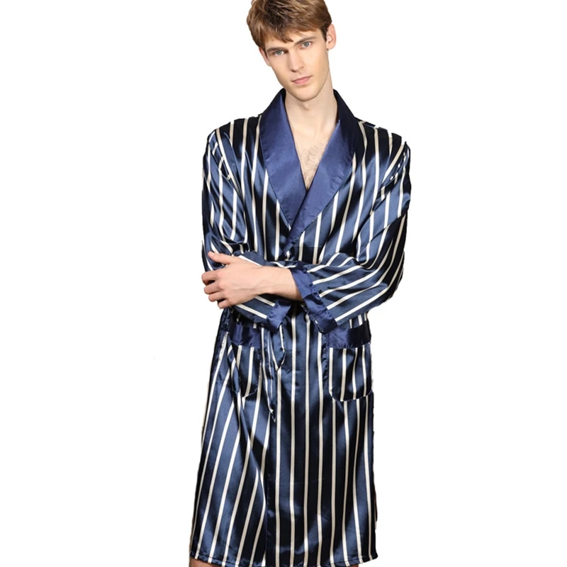 Men Robe V-neck Silk Robe Bathrobe Striped Men's Section Sleepwear Long Sleeve Pajamas Sexy Hombre Nightwear Plus Size 5XL