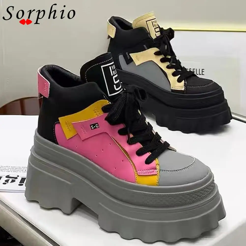 

Женские мотоциклетные ботинки на платформе, модные кроссовки на шнуровке и массивном каблуке, зимняя обувь со шнуровкой и круглым носком, н...