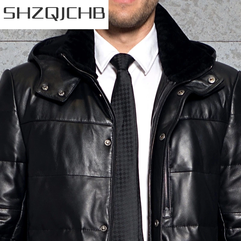 

JCHB 2021 Business Man Winter Outwear Long Down Jacket Parka Hooded Windbreaker Genuine Leather Overcoats Mens Office Work Trenc