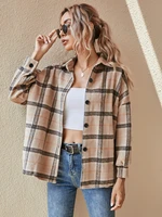 2021 new womens wear autumn and winter thickened long sleeve plaid shirt coat black stripe leisure office chemise femme