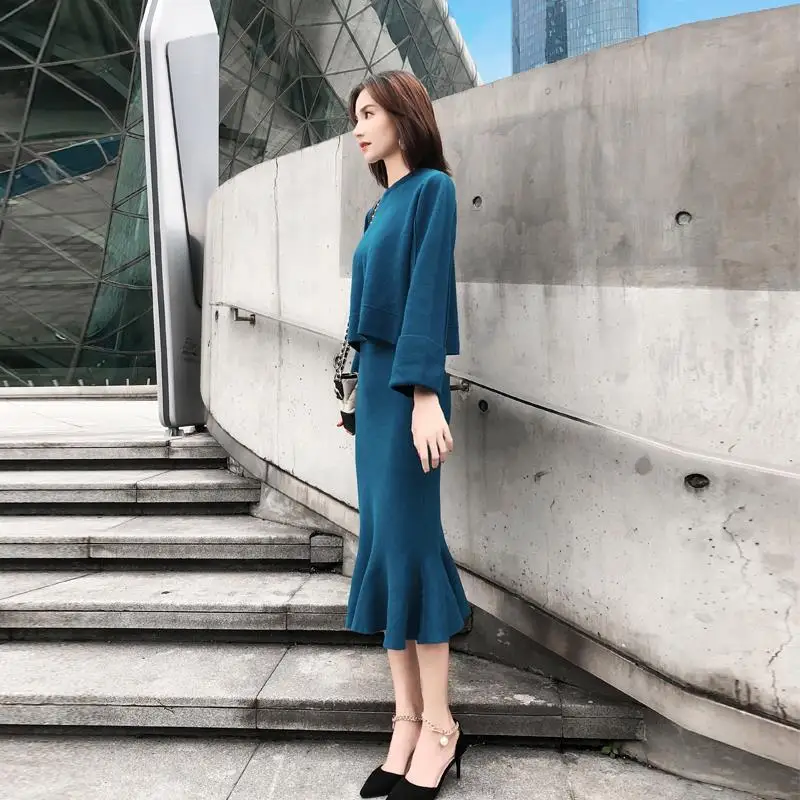 

2021 Knitting Warm Thick Pullover and Mermaid Skirt Two Piece Set Women Tops Autumn Winter Elegant Sweater Y284
