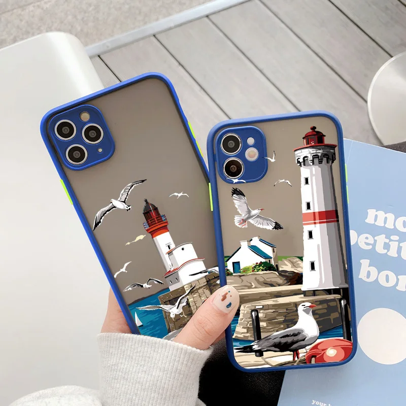 Hand Painted Lighthouse Print Bird Seagull Phone Case for iphone 11 12 13 Pro Max 7 8 Plus SE 2020 X XS MAX XR Hard Covers