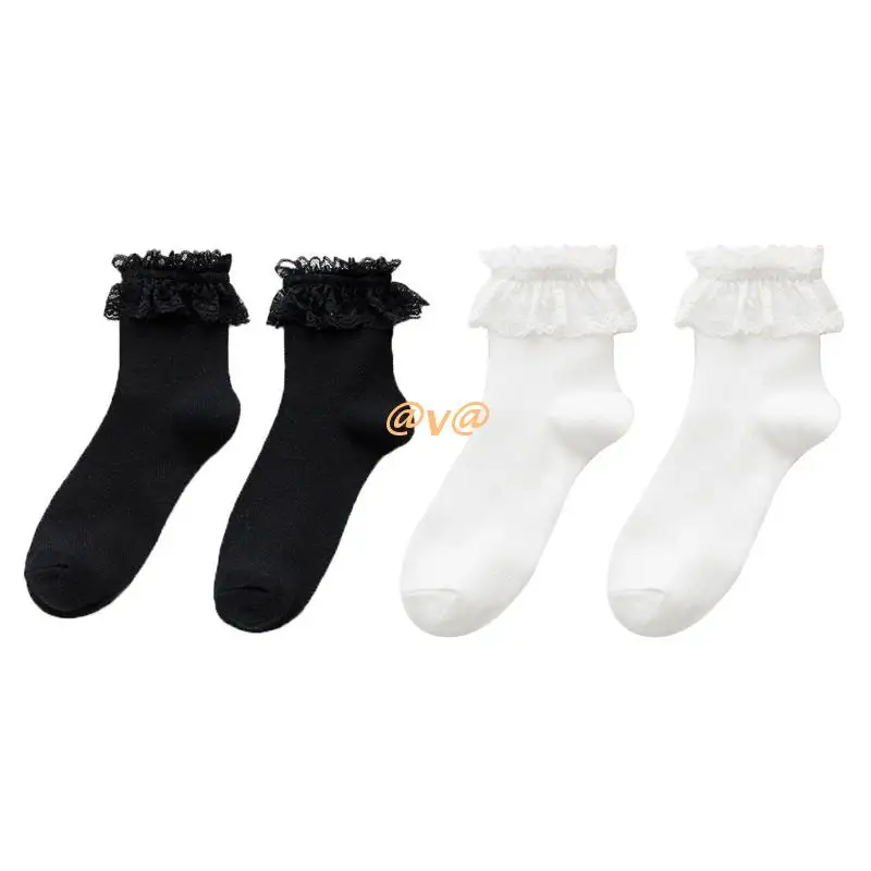 

Japanese Lolita Style Mesh Short Crew Socks Harajuku Sweet Ruffled Lace Frilly Hollow Retro Cotton Mid Calf Hosiery