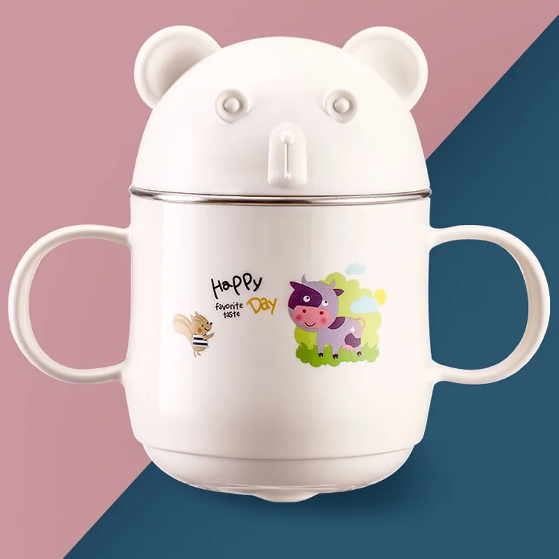 White Bear Cup 240 мл мультфильм Медведь ребенка термос чашка младенческой ребенка молоко чашка с ручкой кружка для завтрака Питьевая чашка для воды - Цвет: White Bear Cup
