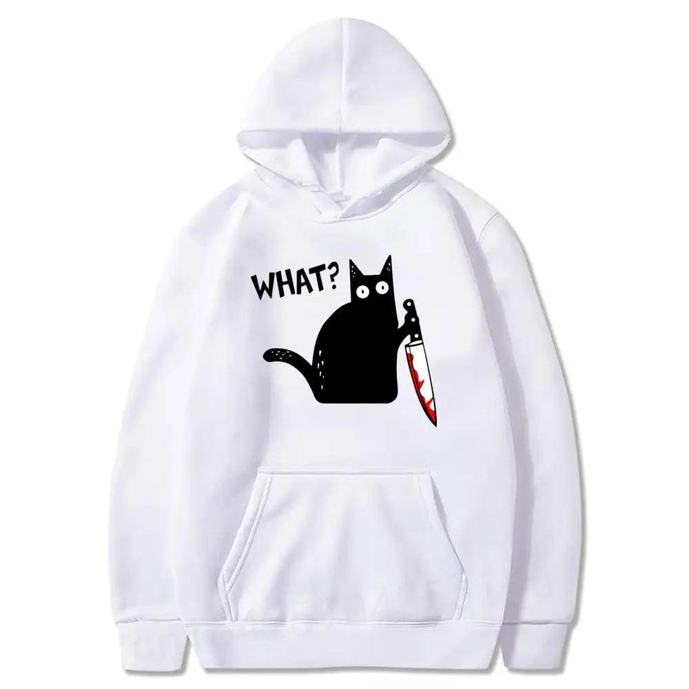 

Crazy Funny Cat Hoodies WHAT BLACK CAT HOLDING KNIFE Guys Sweatshirt Autumn Long Sleeve Cotton Hooded Coat Men