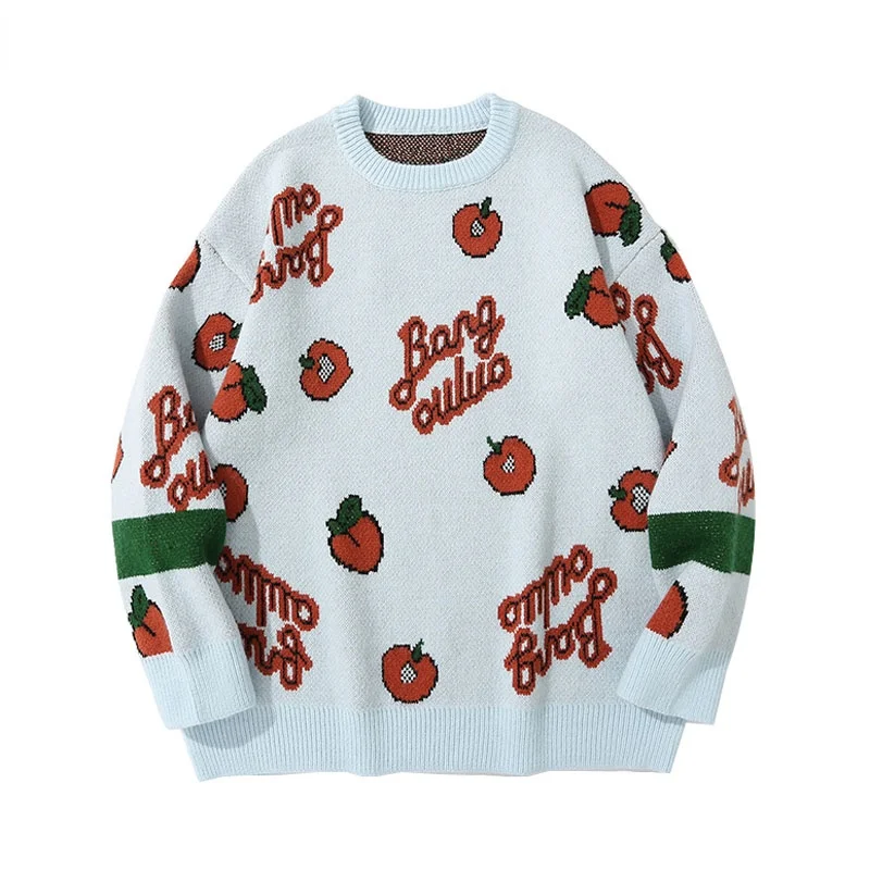 

Осенний свитер в уличном стиле Harajuku, персиковый вязаный пуловер с фруктами, джемперы, повседневный свободный свитер в стиле хип-хоп, Модная ...