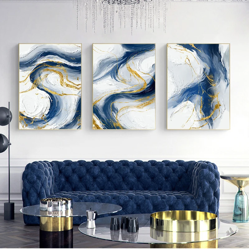 

Luxury Style Blue Golden Abstract Simplicity Graphic Art Contemporary Canvas Painting Poster Print Wall Picture Home Decoration
