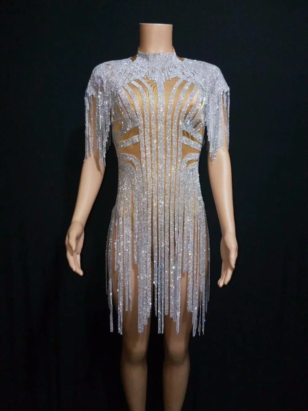 Sexy Bling Silver Rhinestones Fringes Bodysuit Birthday Celebrate Costume Female Singer Bling Tassel Leotard Stage Dance Wear