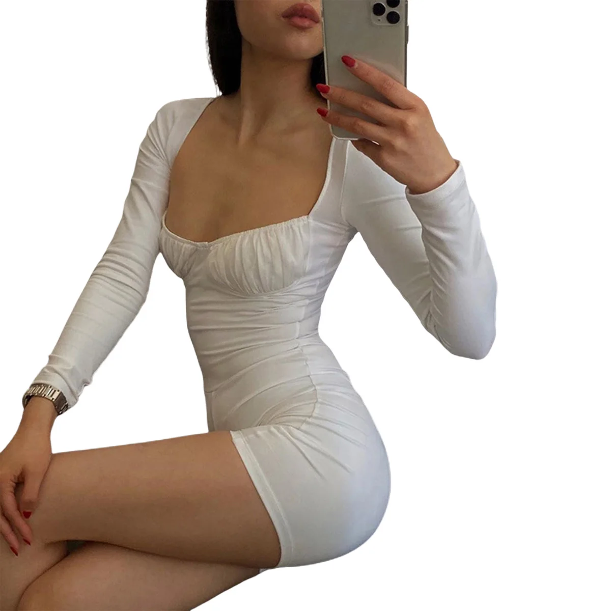 

Women Pleated Stretchy Bodycon Playsuits Fashion Long Sleeve Playsuit Overalls Ladies Solid Color Sexy Jumpsuit Clubwear
