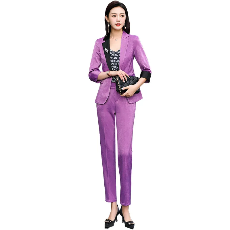 

High-End Acetate Satin Purple Suit Female 2021 Spring and Summer New Casual Fashion Adult Lady like Woman Business Two-Piece Set