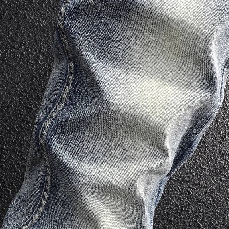 European Vintage Fashion Men Jeans Retro Light Gray Blue Elastic Designer Slim Jeans Men Korean Style Plain Casual Denim Pants