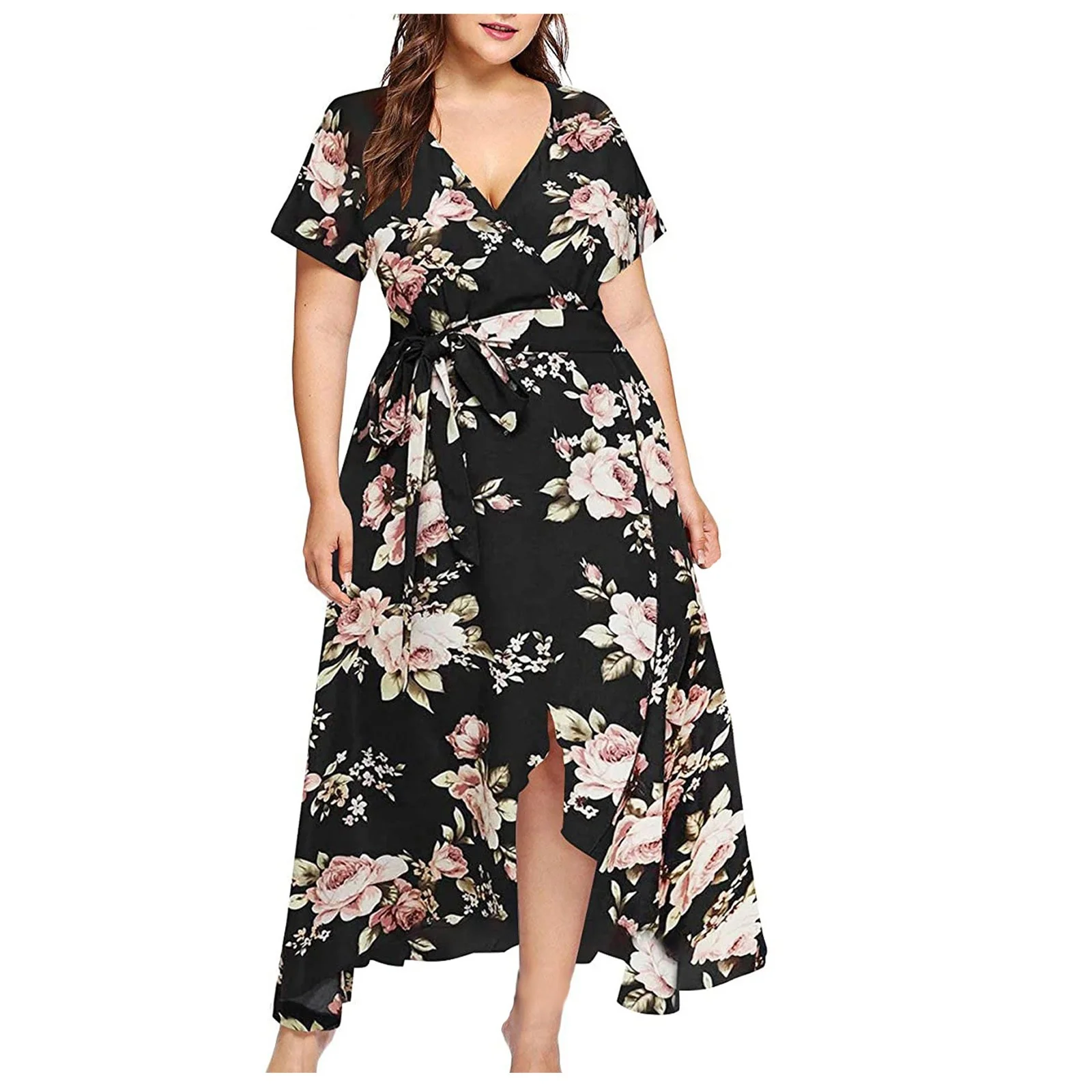 

Plus Size Maxi Dresses For Women Women's Casual High Waist Belly Concealing V-neck Print Beach Dresses Vestidos Mujer