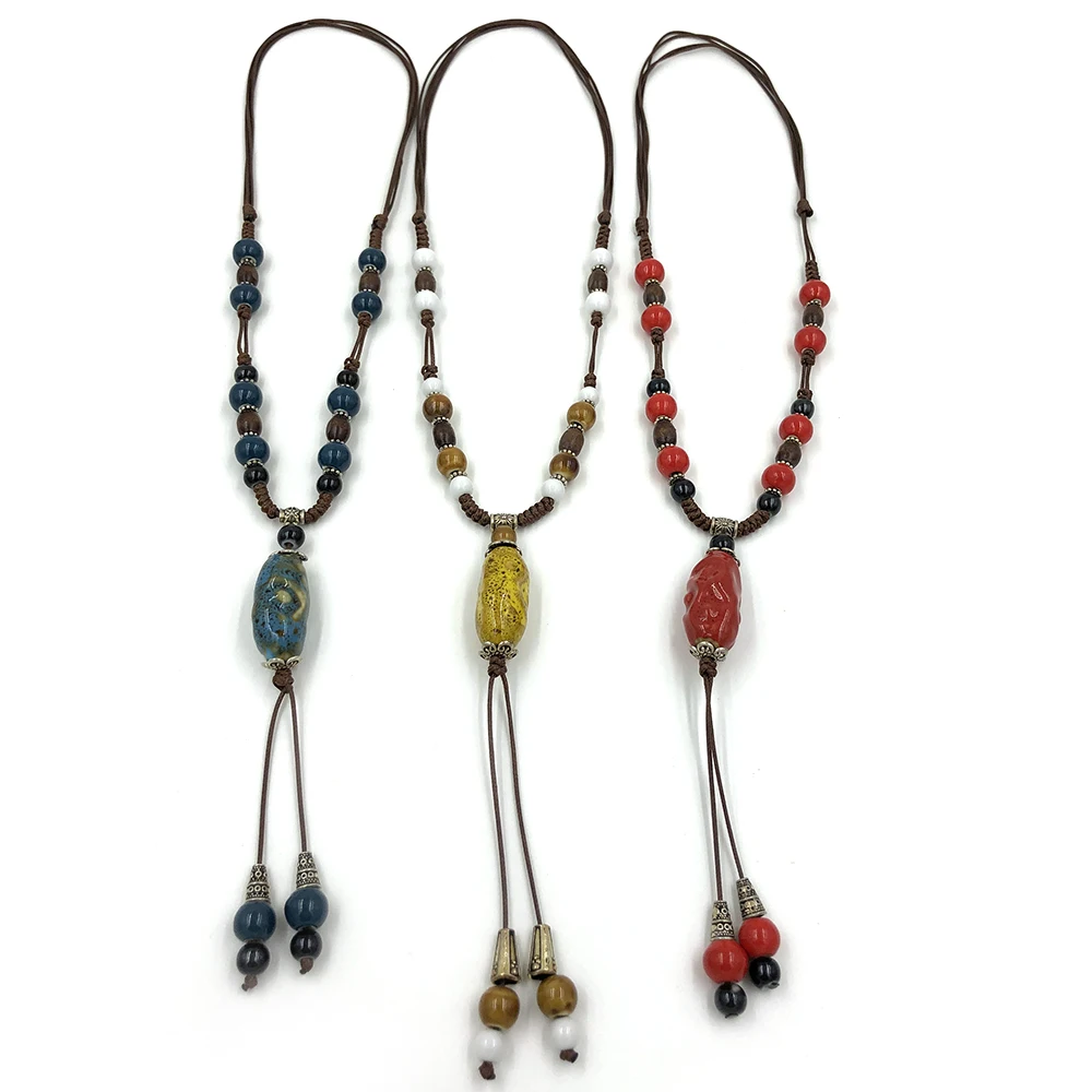 

Vintage Ethnic Colorful Ceramic beads pendant Necklace Adjustable Knotted Long pendant necklace for Women gift