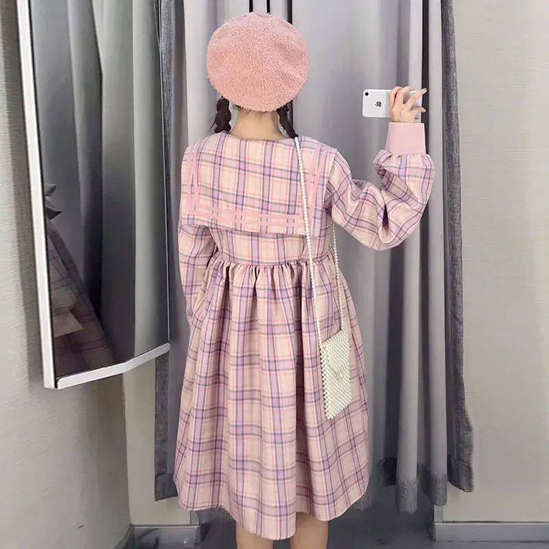 

MAGOGO New Style Japanese Pink Grid Bow Dress girl Student Sweet Bellflower Navy Collar Long Sleeve Dress
