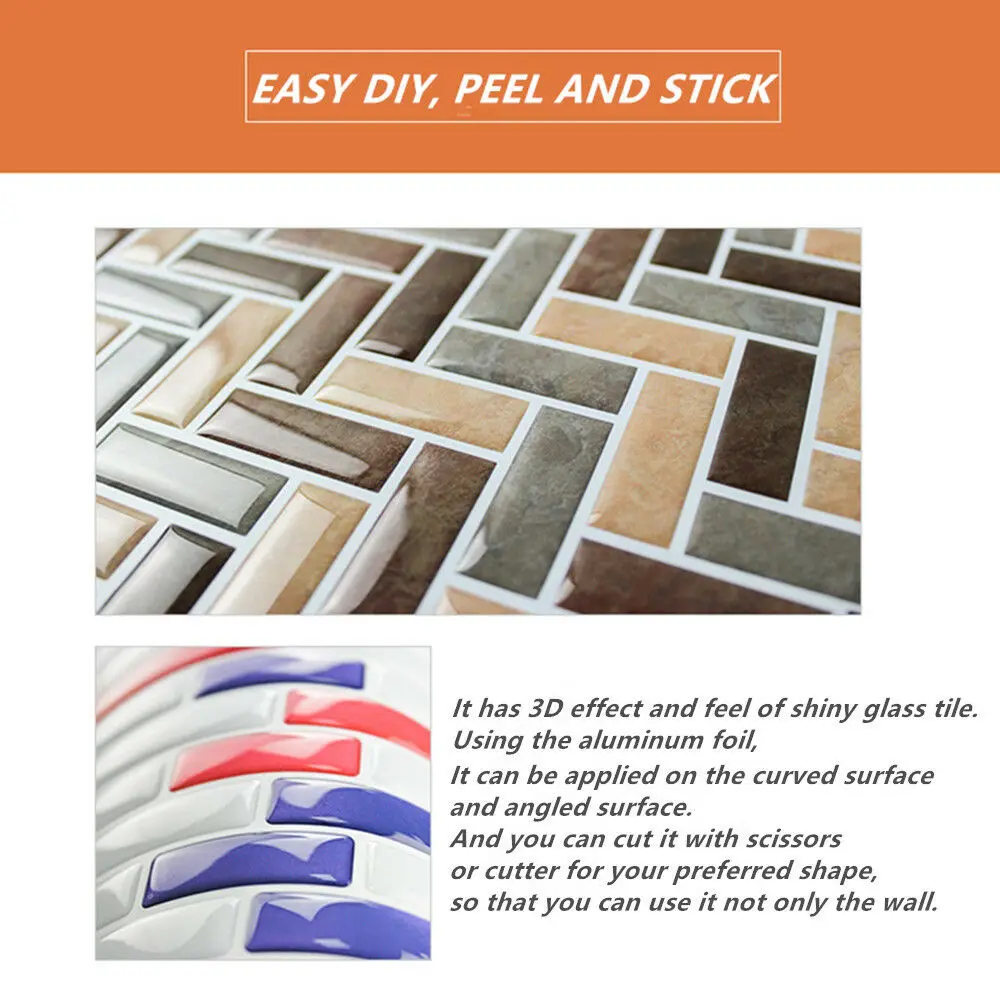 

Removable Creative Self Adhesive Mosaic Marble Tile Backsplash Wall Sticker Vinyl Bathroom Kitchen Home Decor DIY 3D Effect