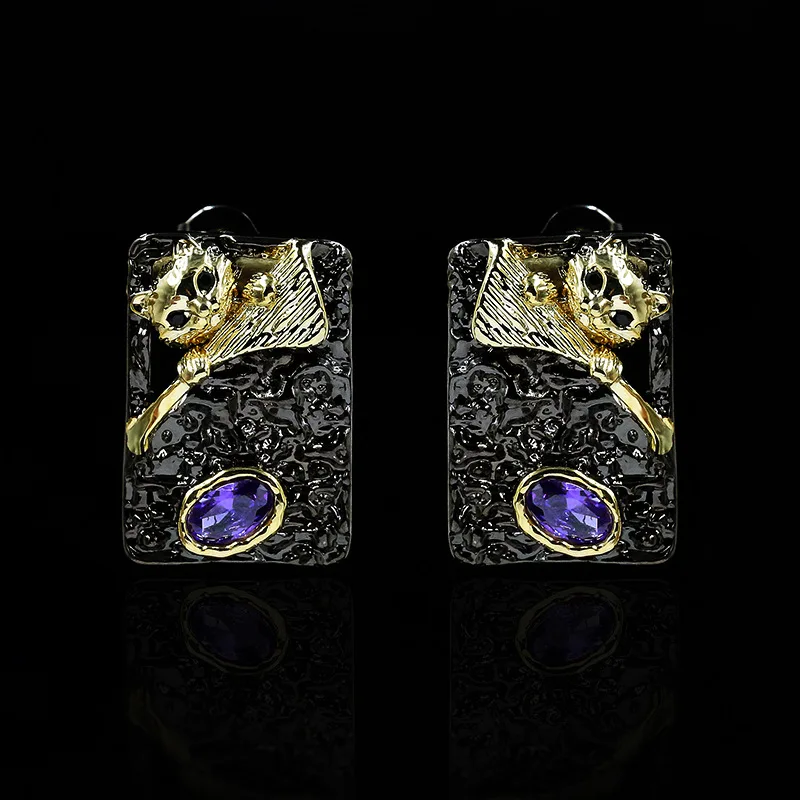 Креативные черные золотые 925 Серебряные женские серьги Китти фиолетовые