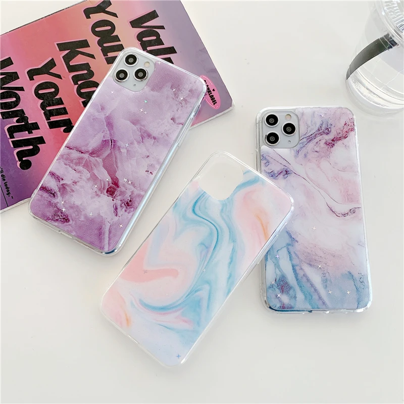 

Cute Glitter Purple Blue Marble Phone Case For iPhone 12 Mini 11 Pro MAX XR XS 7 8 Plus SE2020 Soft Transparent Back Cover Goft