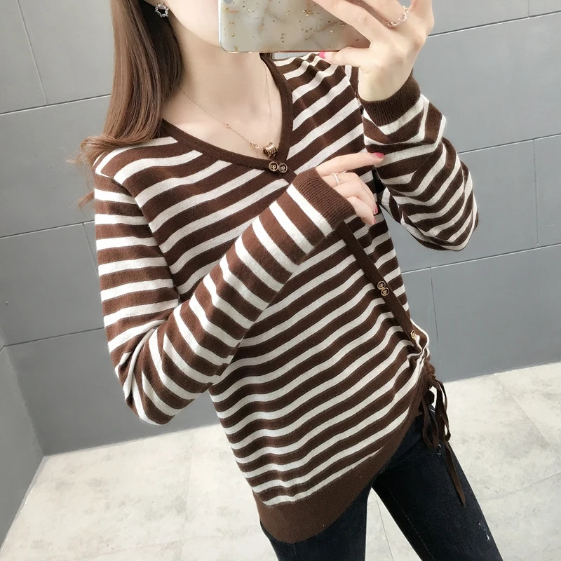 

435439 real shot V-neck button hem lace up stripe knitted pullover sweater [Zone G 48]ag
