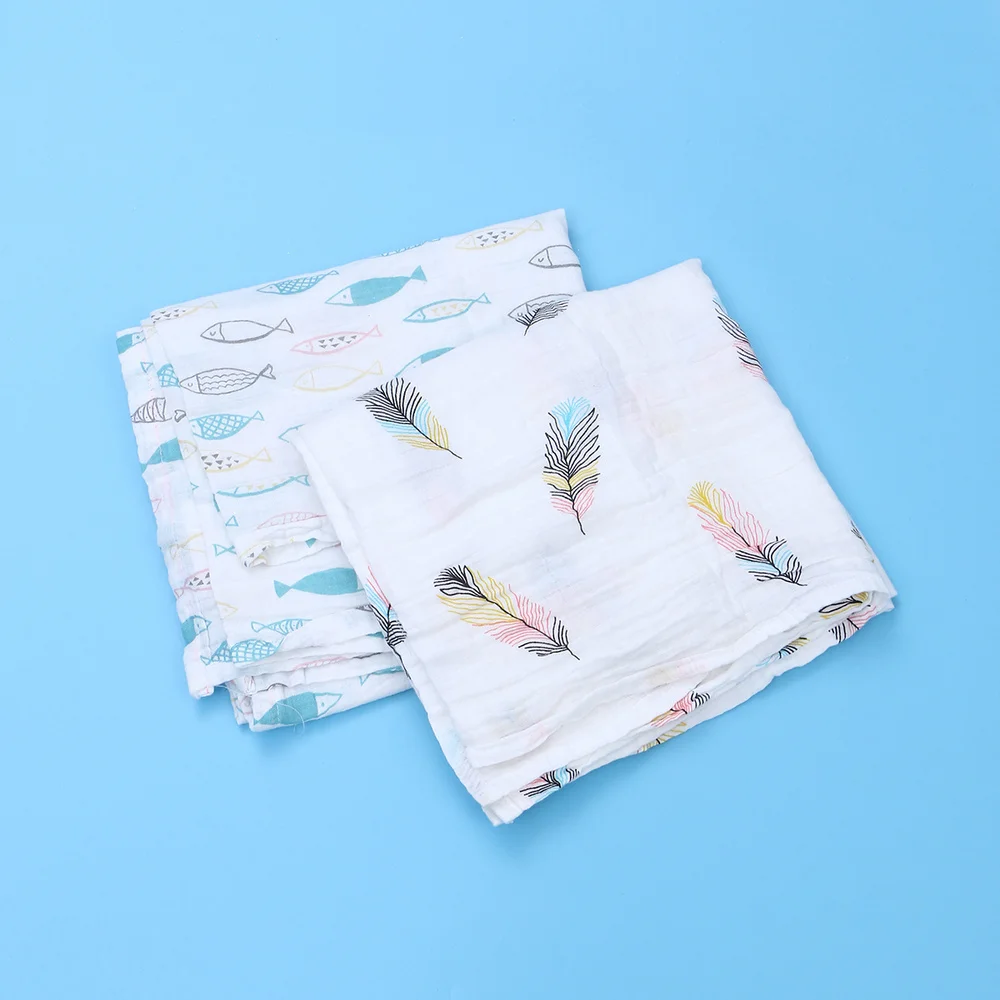 

2PCS Cotton Bathing Gauze Towel Cartoon Bath Towel Baby Blanket Newborn Infant Wrap Bath Towel (Fish/Feather)