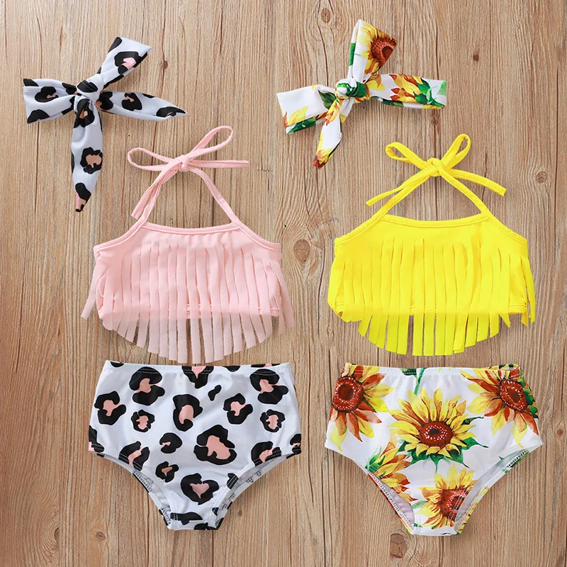 

Cute 3 Pieces Tassel Swimwear Baby Bath Clothes biquini infantil Toddler Girls Swimsuit Bow Leopard Print Bikini Sets Beachwear