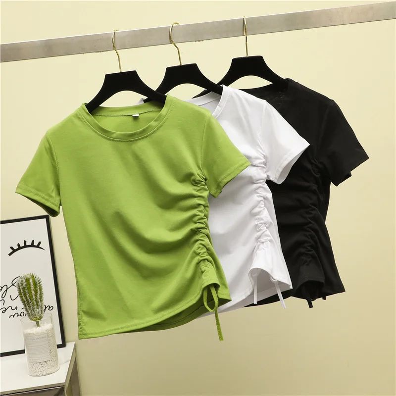 

Tight Short T-shirt Women's Small round Neck Drawstring Top Irregular Pleated Half Sleeve Avocado Green BM Style
