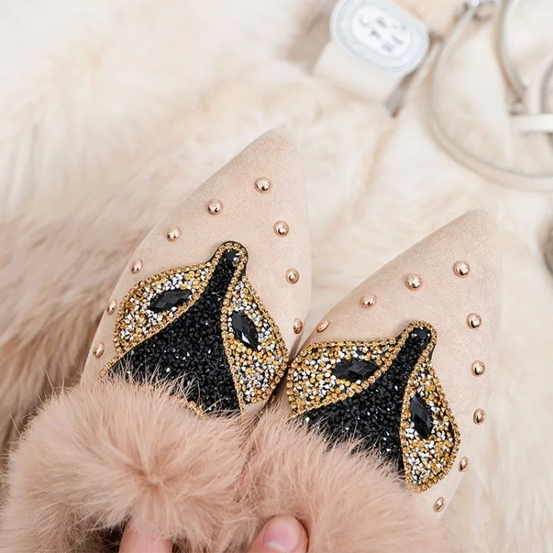 Женские Кристальные заклепки из натуральной замши с кроличьим мехом стразы